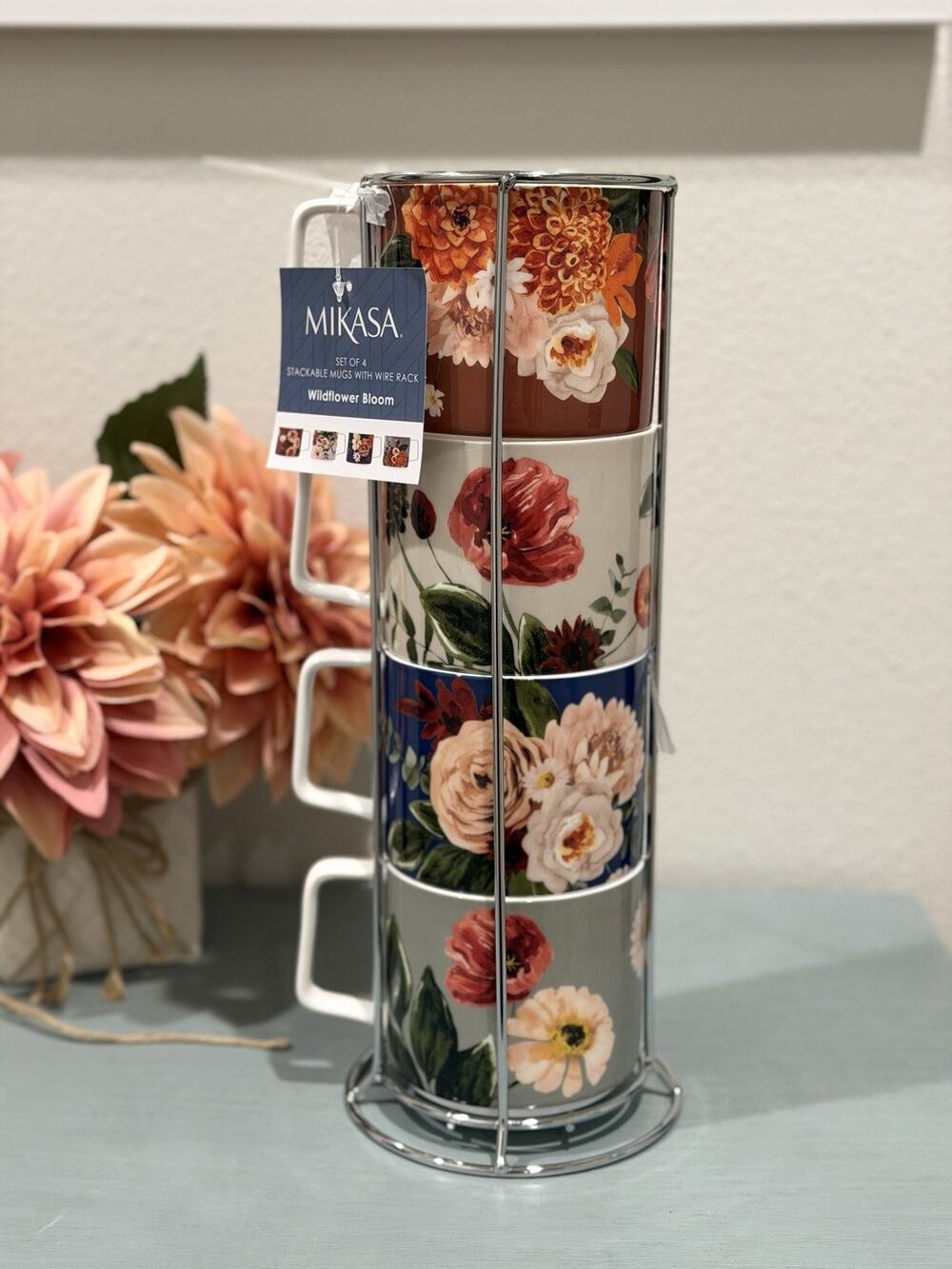 Mikasa Stackable Mugs W/Wire Rack Wildflower Bloom Set Of 4